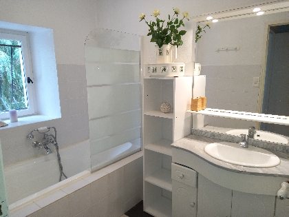 Salle de bain au rez-de-chaussée, Gîte Sous les deux arbres