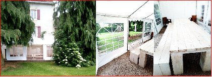 Tente spacieuse pour les repas d'été dans le jardin en famille, sous les arbres à l'arrière du gîte. Un réfrigérateur complémentaire y est installé. De même, un coin dédié à la préparation des repas est disponible à proximité immédiate (paillasse, point d'eau, évier, plancha électrique et barbecue gaz ou charbon), Gîte Sous les deux arbres